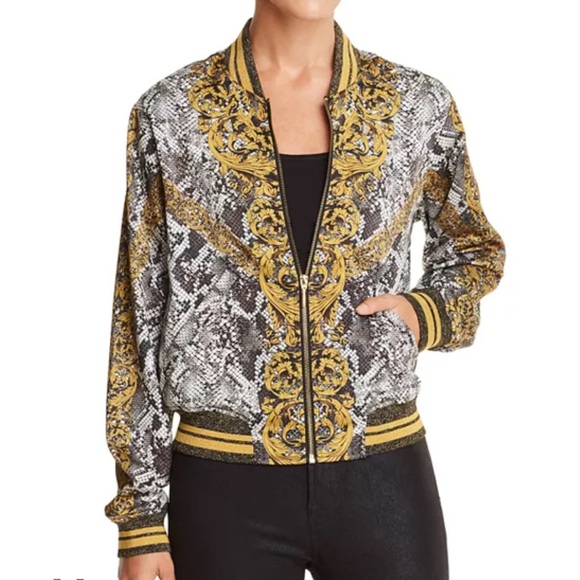 GUESS RAE BAROQUE SNAKE PRINT BOMBER JACKET BLACK/GOLD/WHITE - L - Picture 1 of 5
